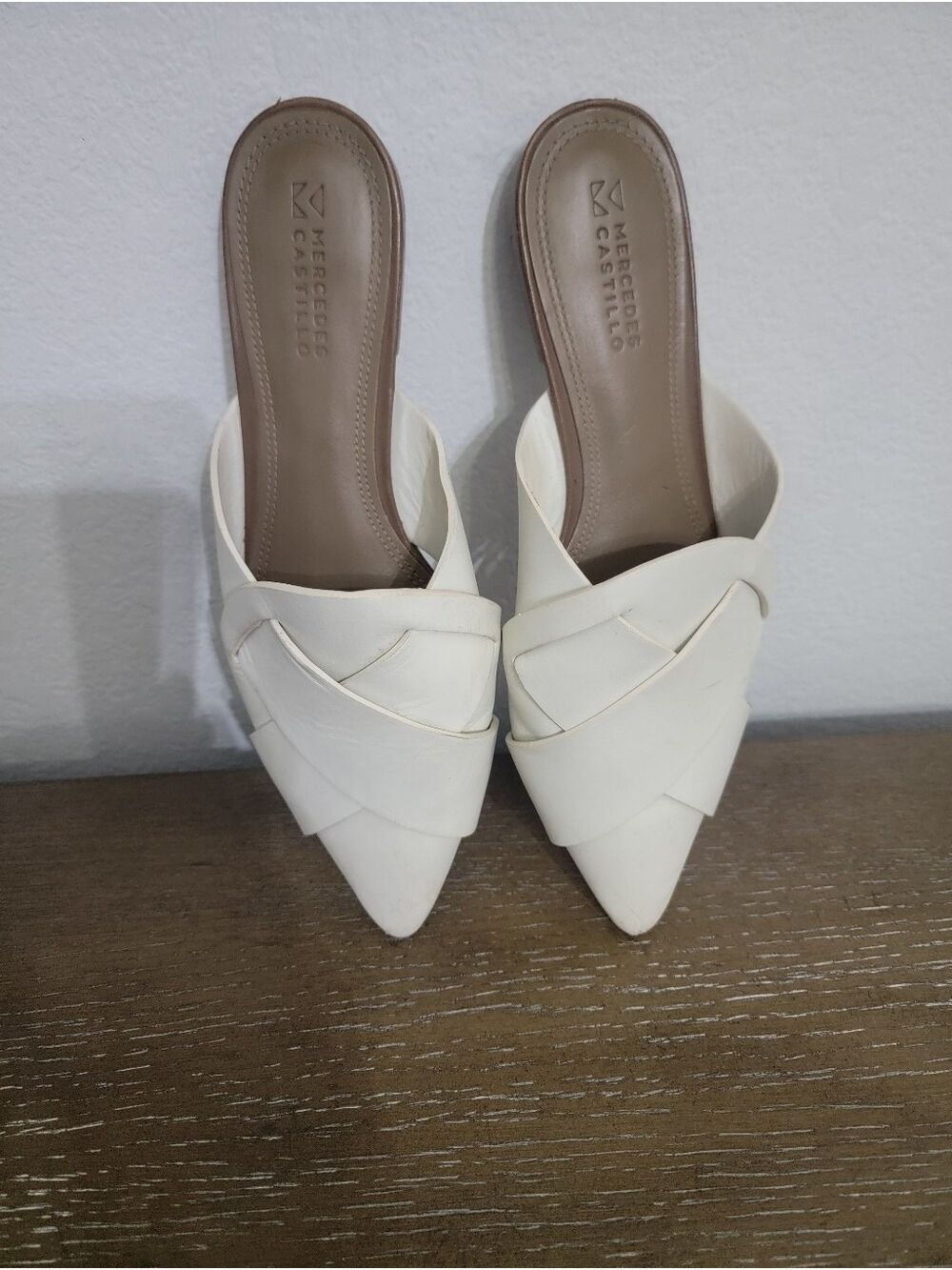 MERCEDES CASTILLO White Leather Pointed Toe Mules Shoes 37.5
